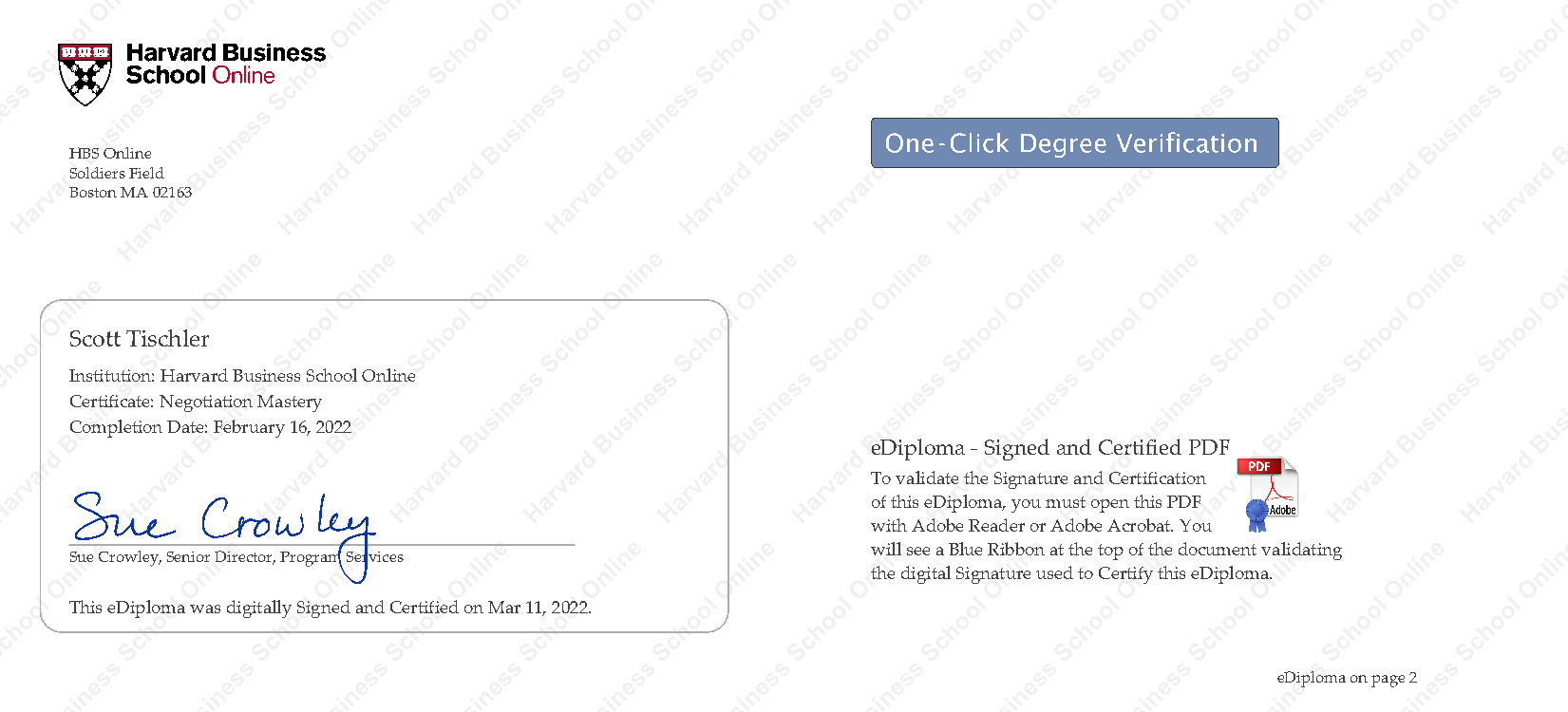 Harvard Business School Online eDiploma — Negotiation Mastery — awarded to Scott Tischler